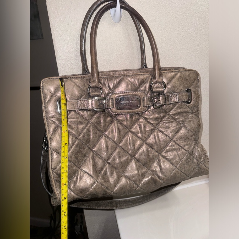 Michael Kors Silver Tan Quilted Satchel GUC - Picture 2 of 13